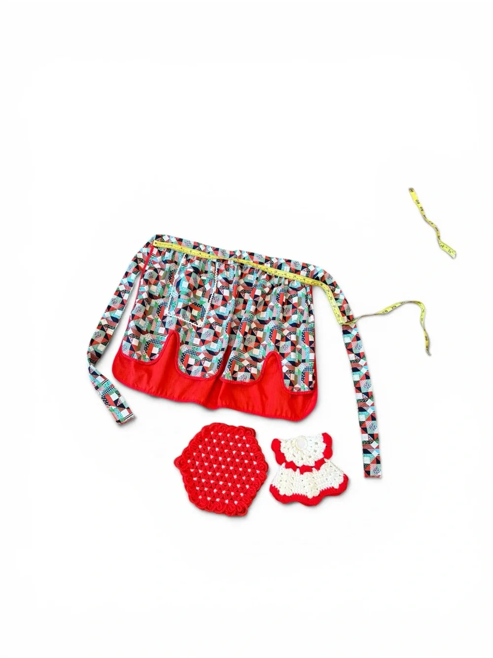 Vintage Patchwork Reversible Multi-Color Retro Apron with Crochet Potholders